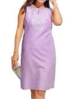 Talbots Plus Linen Blend Light Lilac Embroidered Maci Dress | Size 16W